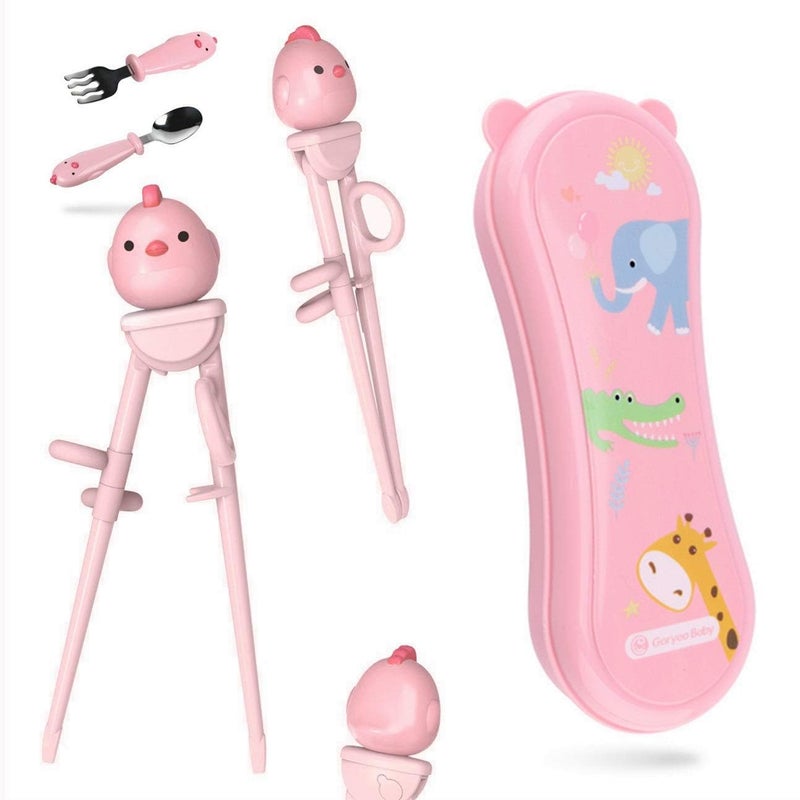 Mannice Training Chopsticks Set for Kids and Beginners,Chopstick Spoon Fork and Case Set,Reusable Learning Chopsticks with Attachable Learning Chopstick Helper - Right Handed Only Stainless Steel Pink - Image 3